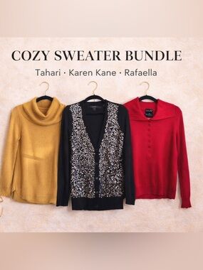 Tahari Sweater Bundle Cozy Chic Karen Kane Sequin Rafaella Red Set S